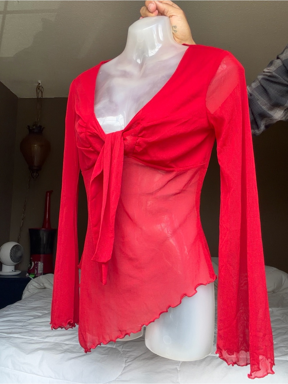 Vintage 90’s Sheer Red Tie-Front Long Sleeve Top